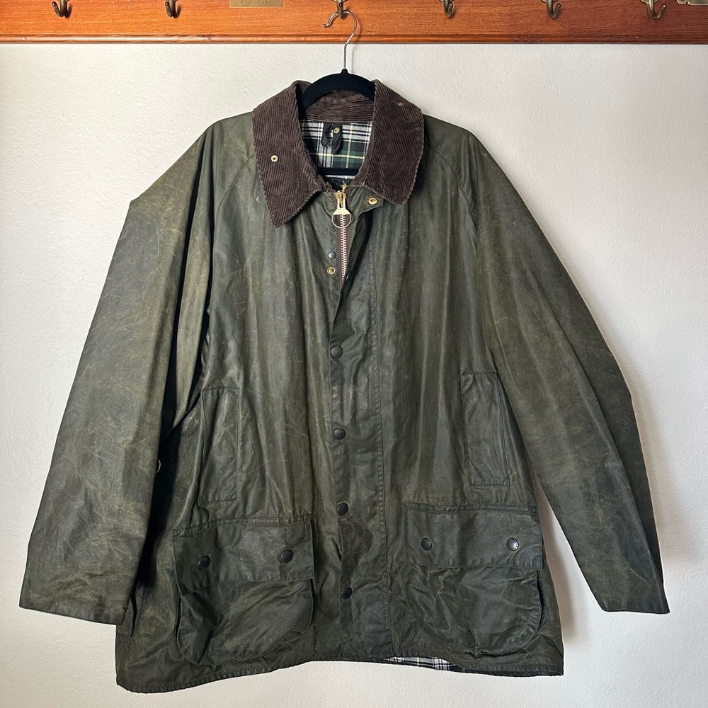 Barbour Olive Waxed Cotton Field Jacket with Brown Corduroy Collar